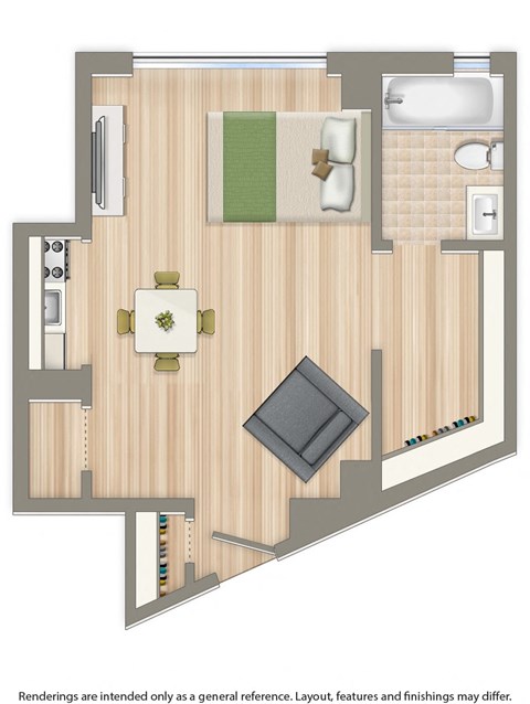 studio apartment floor plan rendering at baystate apartments in washington dc